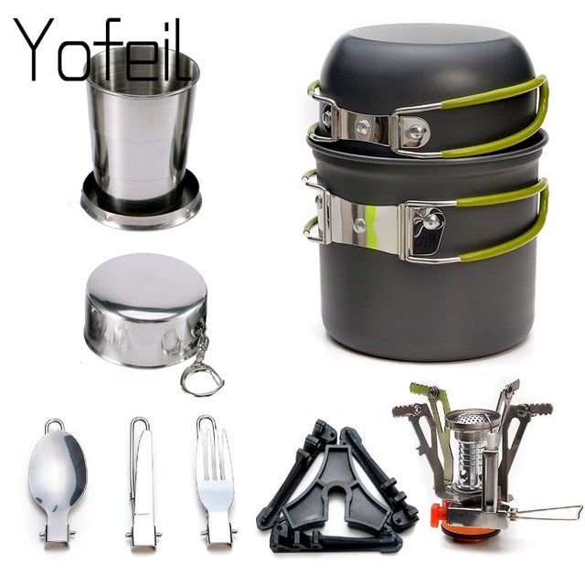 Camping Pot Cookware Sets and Mini Gas Stove